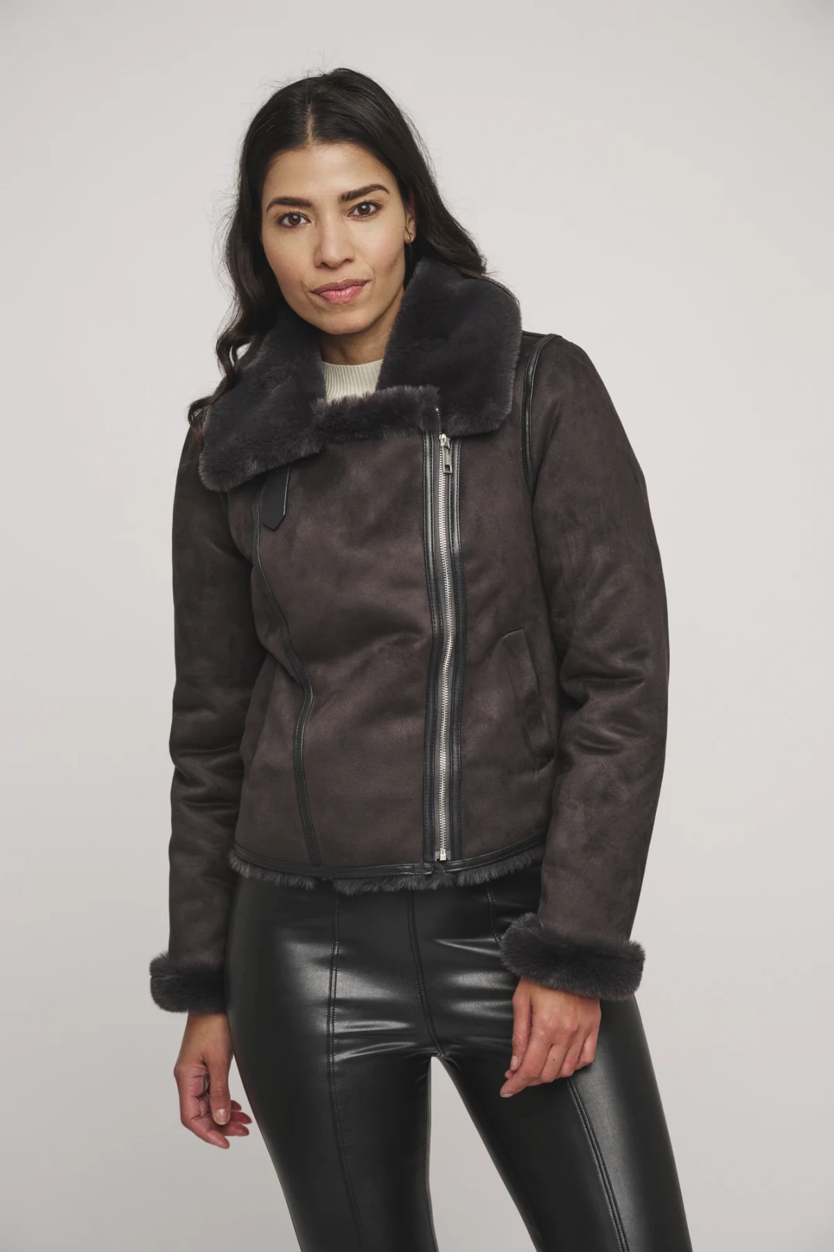 BIKER JACKET WITH ECO LEATHER, TWO COLORS BLACK AND BEIGE