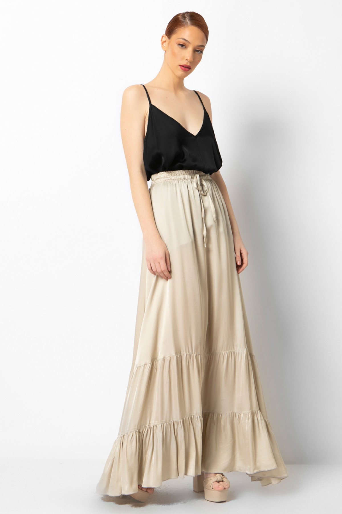 LONG BOHO SKIRT, SILK TOUSH, THREE COLORS - CHAMPAGNE, BLACK & GREEN