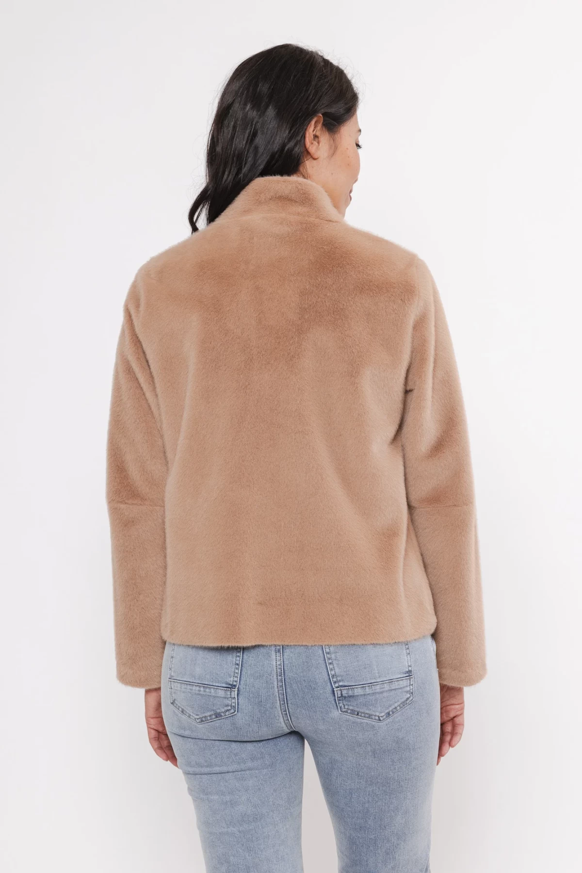 Short eco-fur jacket with a soft suede lining.Three colors - camel , off white and black