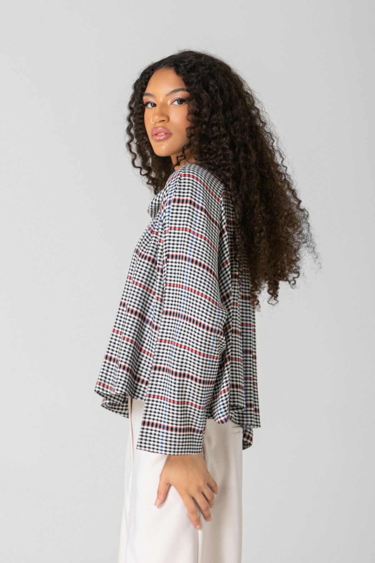 CROP TOP CHECK PRINT AND LOOSE DRAPE