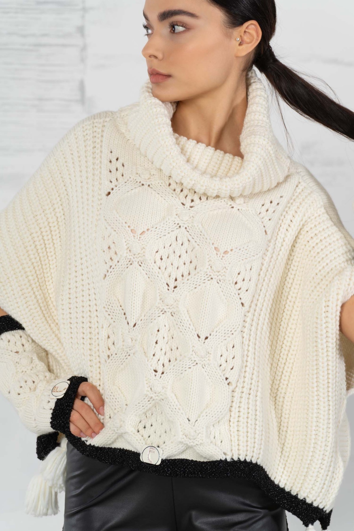 SWEATER - PONCHO WITH  HIGH NECK - TWO COLORS OFF WHITE AND BLACK