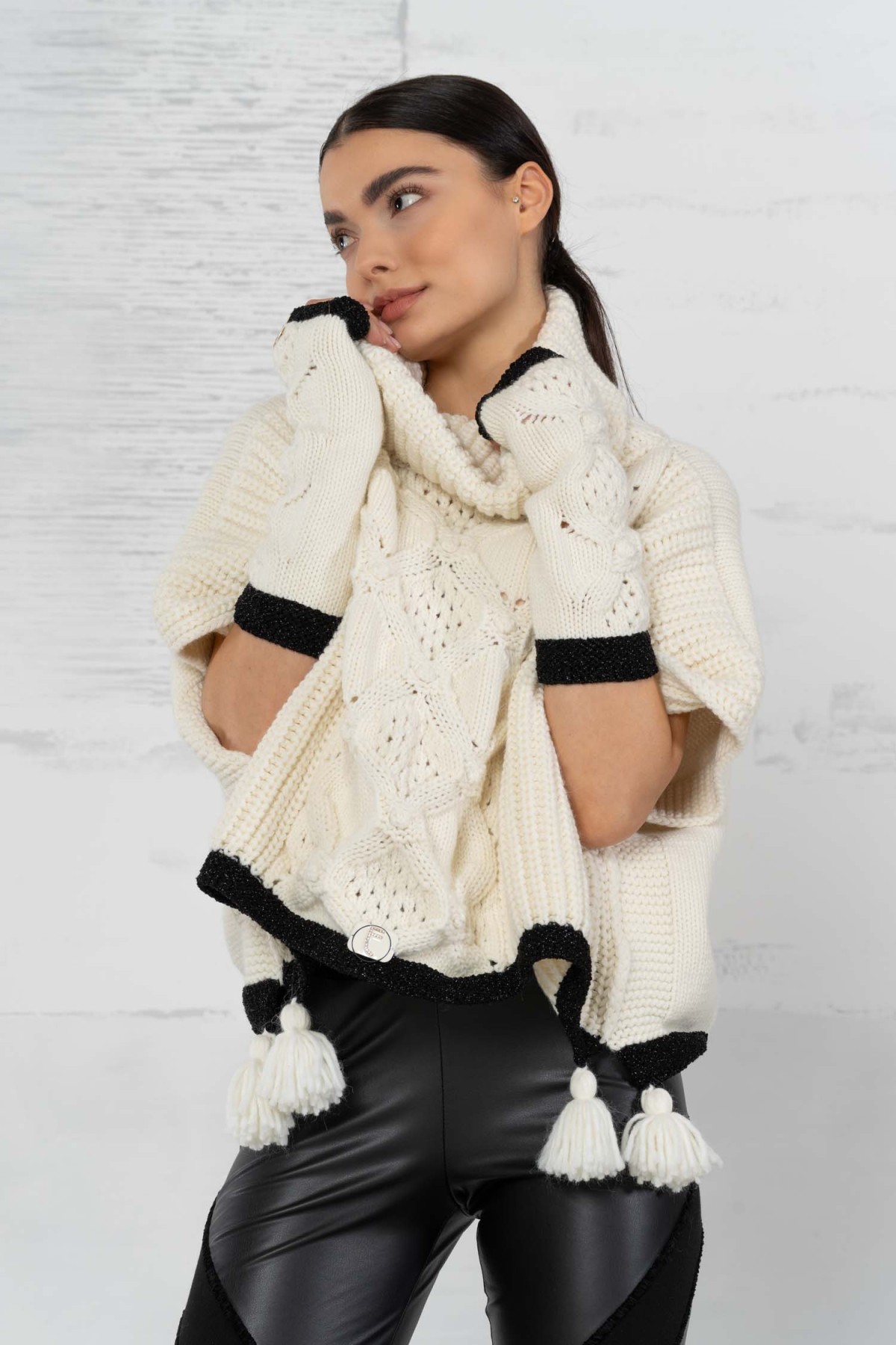 SWEATER - PONCHO WITH  HIGH NECK - TWO COLORS OFF WHITE AND BLACK