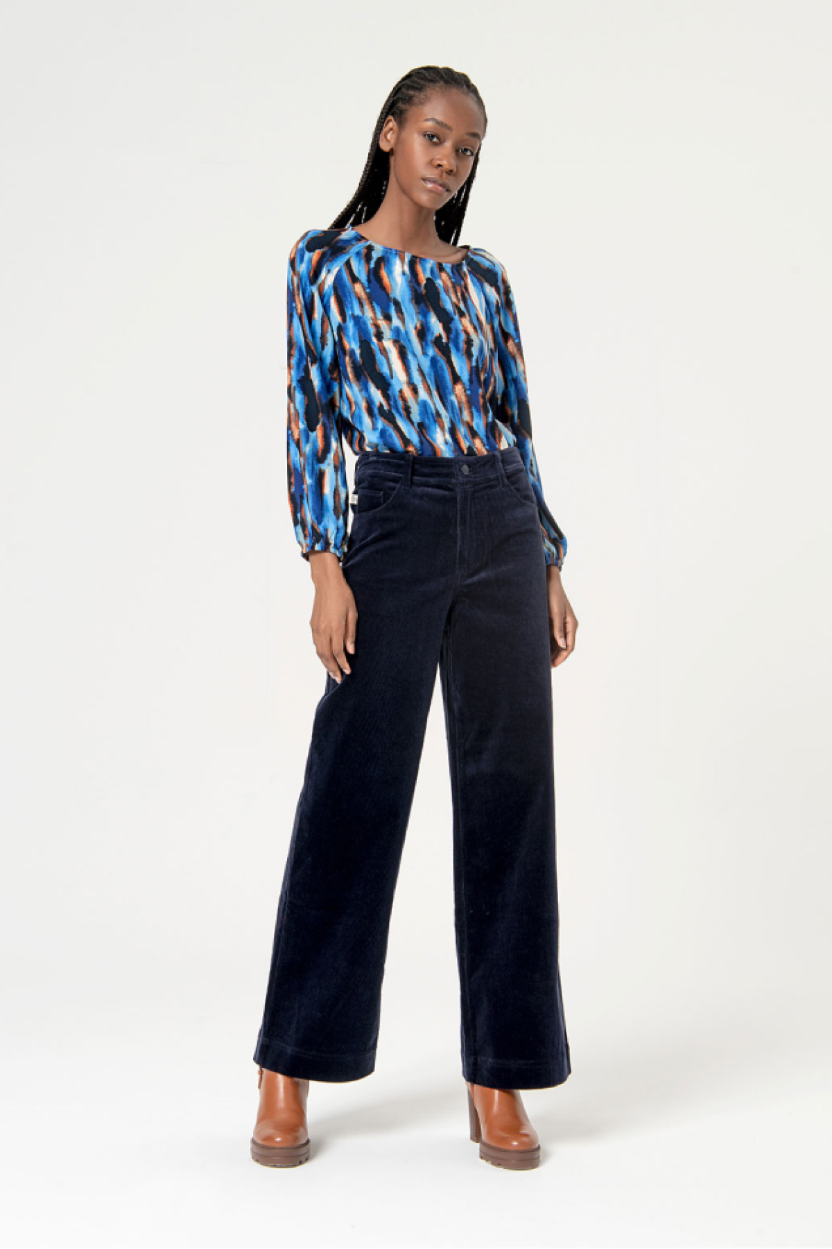 WIDE LEG CORDUROY PANTS - NAVY BLUE