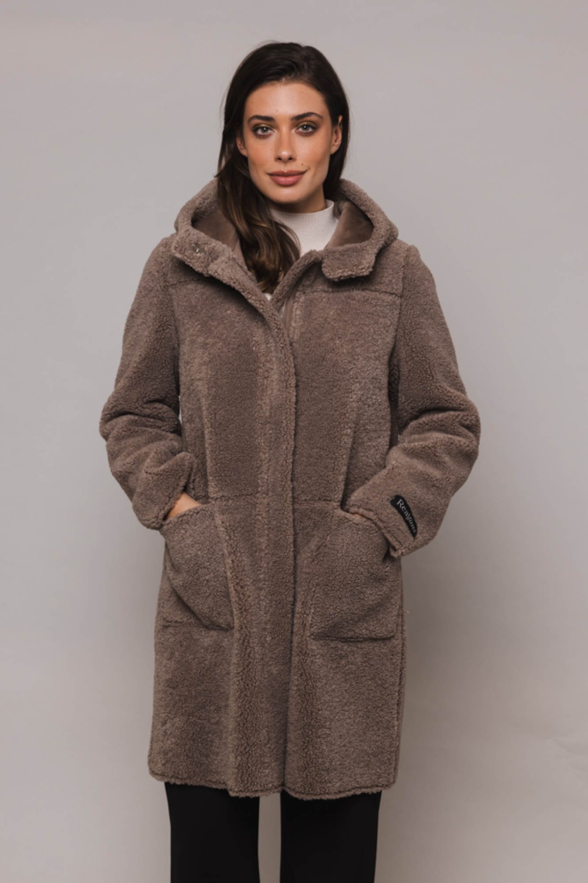 REVERSIBLE  FUR-COAT WITH HOOD THREE COLORS  BEIGE , WHITE AND GRAY