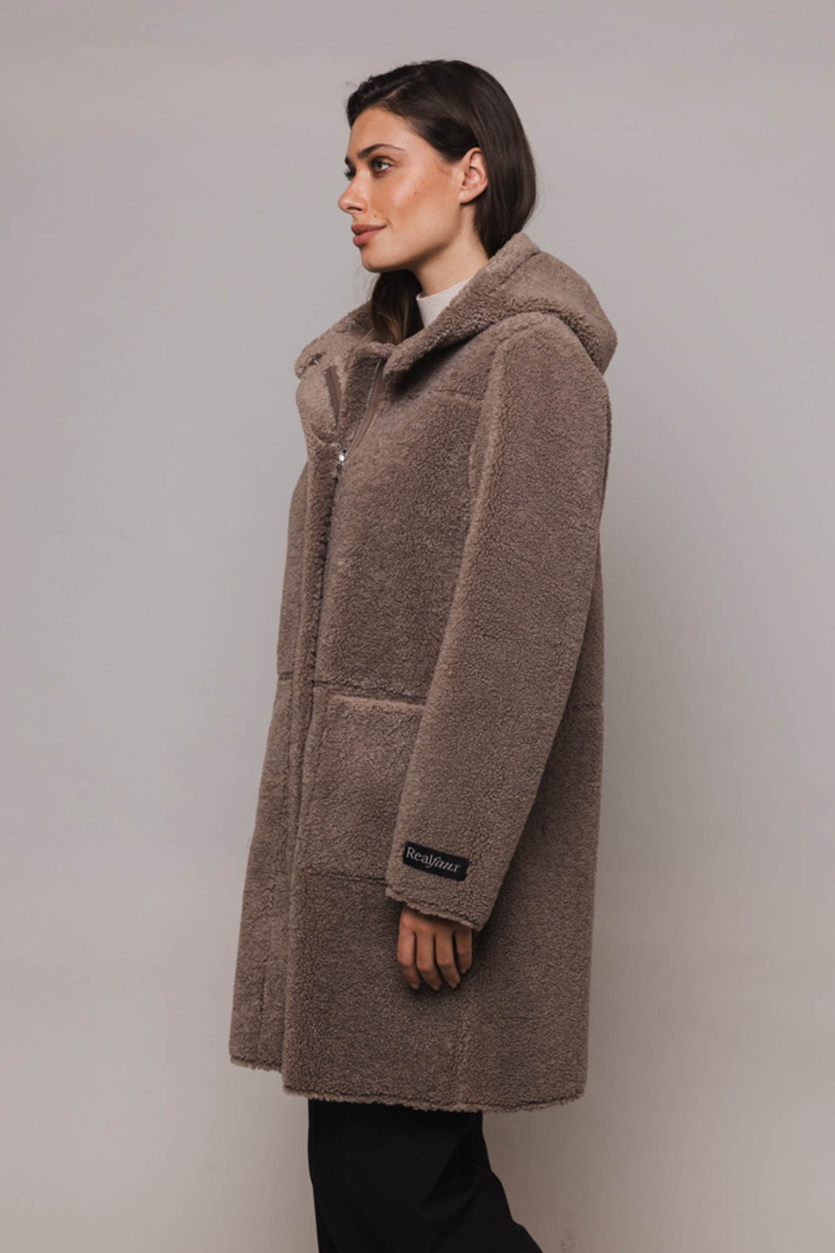 REVERSIBLE  FUR-COAT WITH HOOD THREE COLORS  BEIGE , WHITE AND GRAY