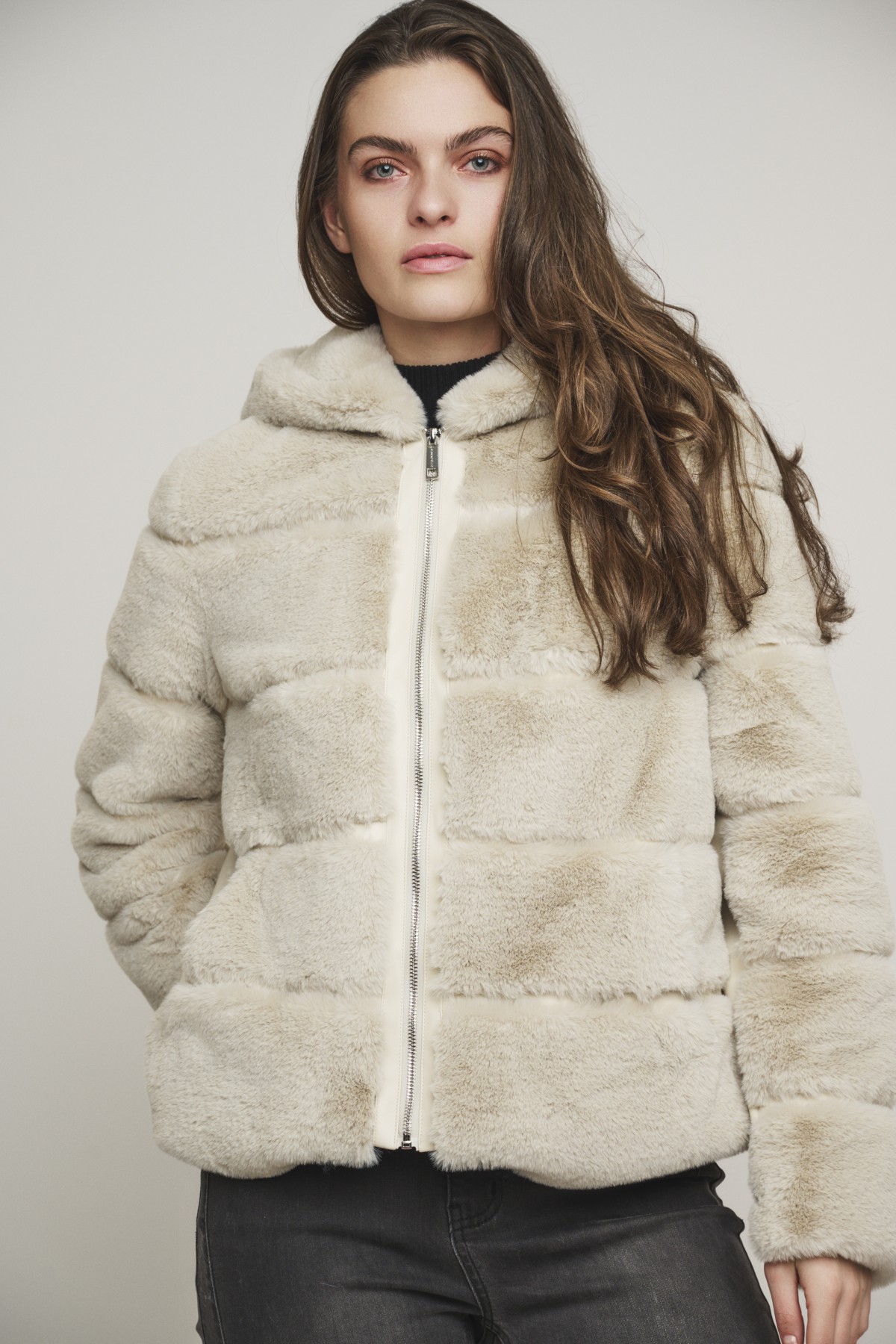 FAUX-FUR  JACKET WITH HOOD AND LEATHER DETAILS