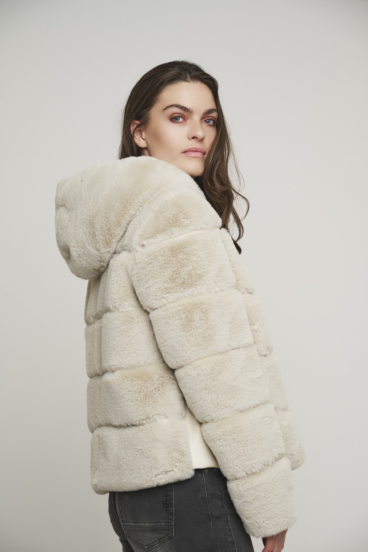 FAUX-FUR  JACKET WITH HOOD AND LEATHER DETAILS