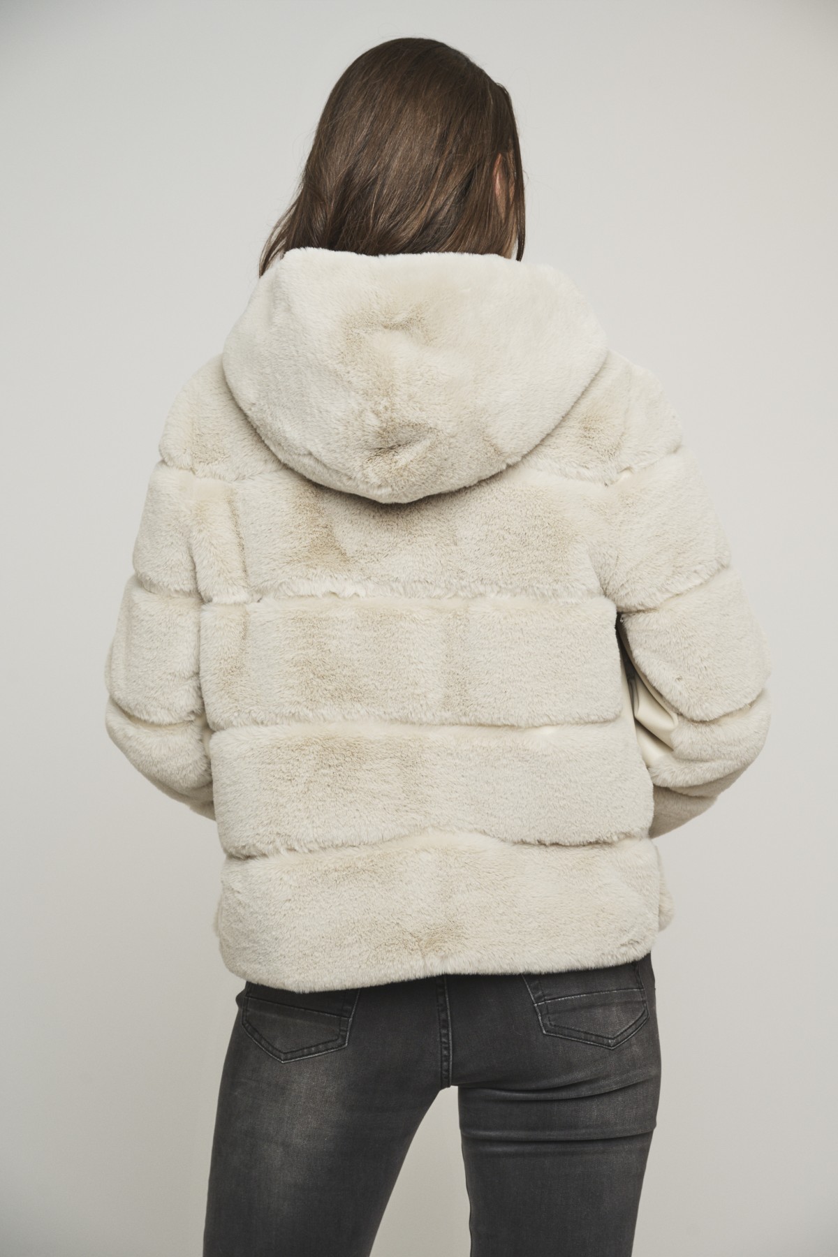 FAUX-FUR  JACKET WITH HOOD AND LEATHER DETAILS