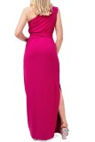 ONE SHOULDER SATIN DRESS WITH BELT - TWO COLORS, BLACK & MAGENTA