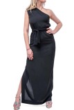 ONE SHOULDER SATIN DRESS WITH BELT - TWO COLORS, BLACK & MAGENTA