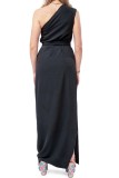 ONE SHOULDER SATIN DRESS WITH BELT - TWO COLORS, BLACK & MAGENTA