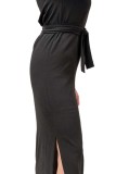 ONE SHOULDER SATIN DRESS WITH BELT - TWO COLORS, BLACK & MAGENTA